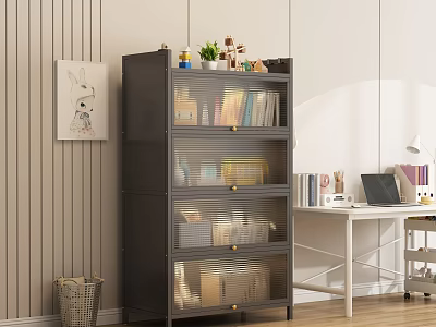 Black Bookshelf With Mesh Doors Multiple Shelves Decor Items Near White Desk With Laptop 3d model