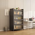 Black Bookshelf With Mesh Doors Multiple Shelves Decor Items Near White Desk With Laptop