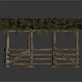 Rustic Wooden Shelter With Moss Covered Roof Wooden Posts Railings And Earthen Ground