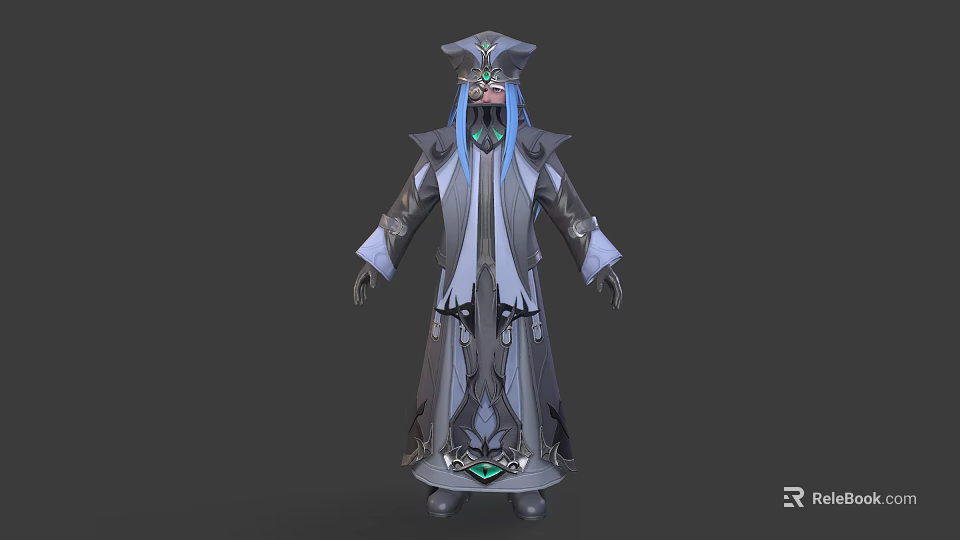 Fantasy Mage Character And Magical Creature In Gray Robe With Blue Hair And Metal Accents 3d model 
