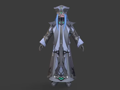 Fantasy Mage Character And Magical Creature In Gray Robe With Blue Hair And Metal Accents 3d model
