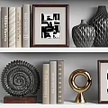 Modern Decorative Ornament Collection With Sculptures Framed Art Vases Coral Books And Geometric Metallic Design