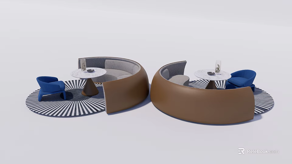 Modern Curved Brown Public Chair With Blue Chairs Round Tables And Striped Carpet 3d model 
