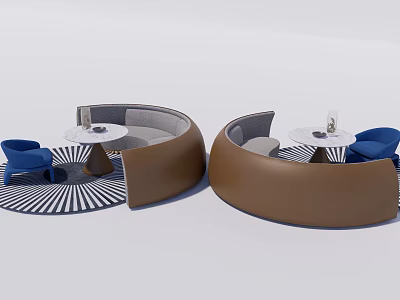 Modern Curved Brown Public Chair With Blue Chairs Round Tables And Striped Carpet 3d model