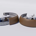 Modern Curved Brown Public Chair With Blue Chairs Round Tables And Striped Carpet