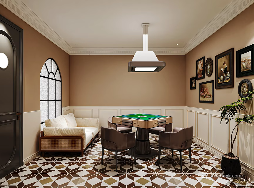 Elegant Hotel Mahjong Room Interior Featuring Green Table Sofa Chairs And Framed Paintings On Walls 3d model 