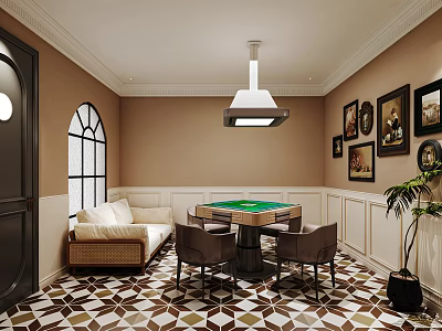 Elegant Hotel Mahjong Room Interior Featuring Green Table Sofa Chairs And Framed Paintings On Walls 3d model