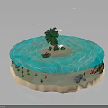 Tropical Circular Island Scene With Blue Water Tree Small Boat Coral Small Plants And Rocks