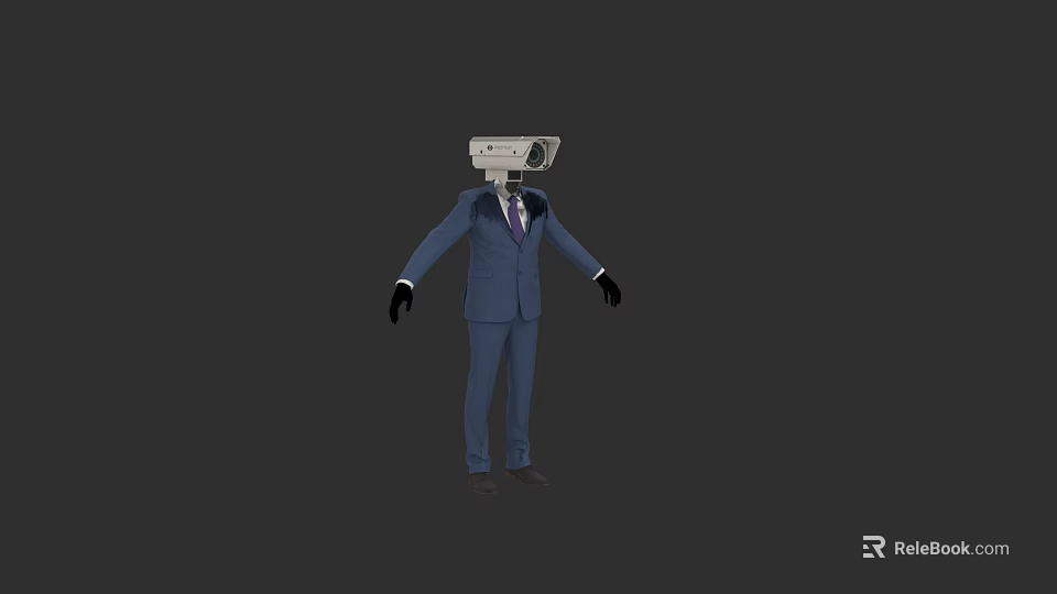 Toilet Head Humanoid Figure Standing Dressed In Blue Suit With Purple Tie 3d model 