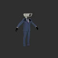 Toilet Head Humanoid Figure Standing Dressed In Blue Suit With Purple Tie