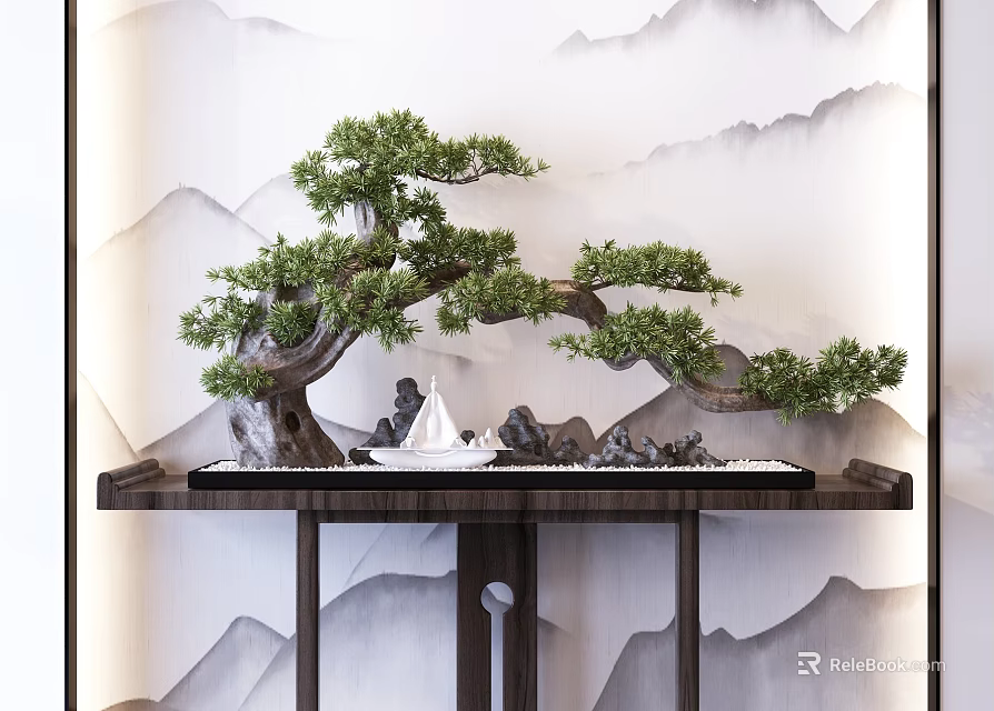 Pine Bonsai Tree On Wooden Table With Mountain Pattern Wall And Stone Ornaments 3d model