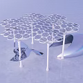 Modern Garden Landscape With White Umbrella Like Structures And Water Reflection 3d model