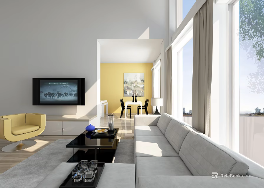 Modern Duplex Living Room Interior With Gray Sofa Yellow Wall Large Windows TV And Coffee Table 3d model 
