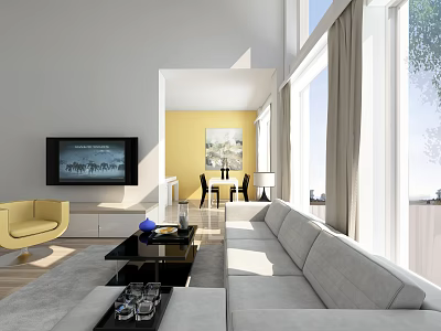 Modern Duplex Living Room Interior With Gray Sofa Yellow Wall Large Windows TV And Coffee Table 3d model
