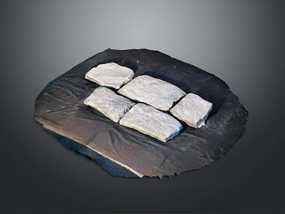 Five Gray Natural Stone Pieces Neatly Arranged On Dark Wooden Tray 3d model