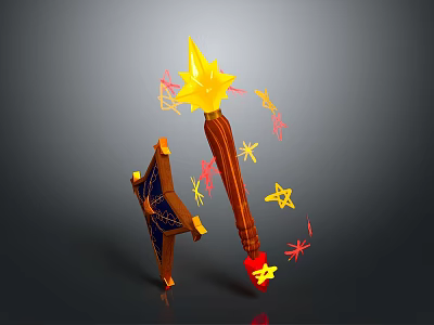 Enchanted Magic Wand With Shining Stars And Open Spell Book 3d model