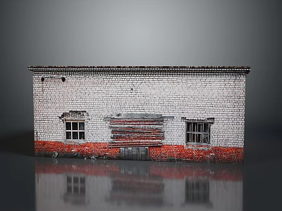 Old Brick Building With White Walls Red Base Boarded Door And Reflection 3d model