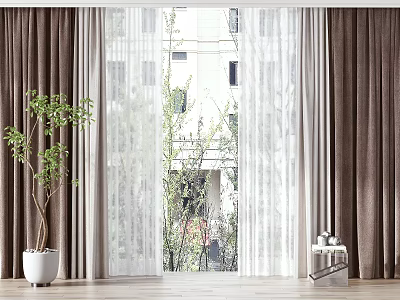 Brown Thick Curtains And White Sheer Curtains Indoor Window With Green Plant 3d model