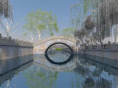 Scenic Stone Arch Bridge With Railings And Willow Trees Reflecting In Calm Water 3d model