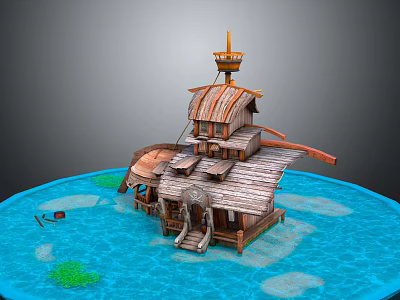 Cartoon Scene Of Wooden Water Hut With Small Boat And Green Plants On Water 3d model