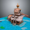 Cartoon Scene Of Wooden Water Hut With Small Boat And Green Plants On Water