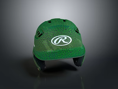 Green Sports Helmet With White R Logo And Cracked Textured Surface Design 3d model