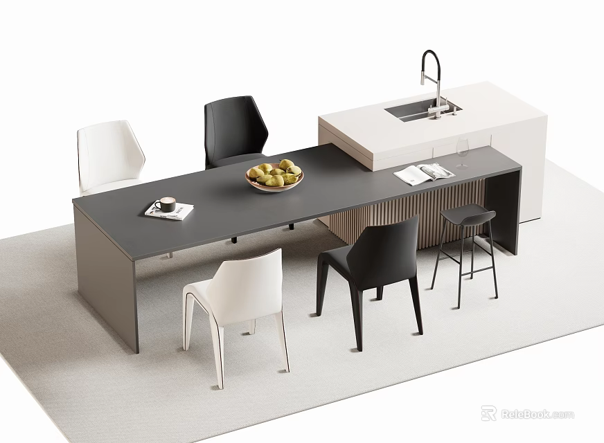 Modern Bar Counter With Table Fruit Platter Magazines White Countertop Sink Chairs And Stools 3d model 