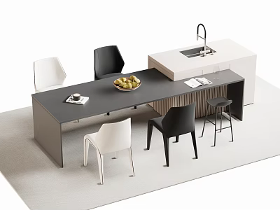 Modern Bar Counter With Table Fruit Platter Magazines White Countertop Sink Chairs And Stools 3d model
