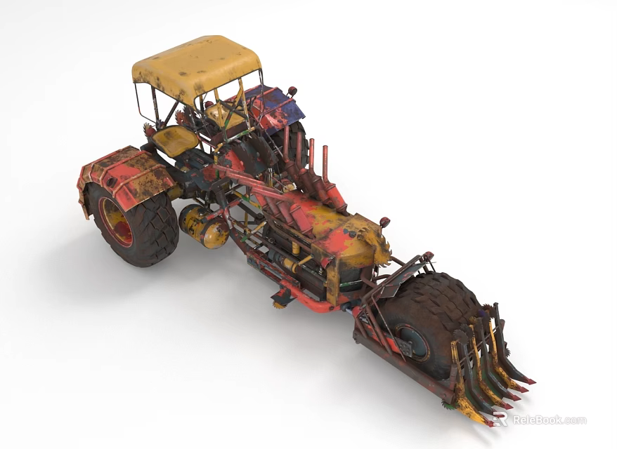 Vintage Tractor With Yellow Canopy Red Body And Front Grapple Tool 3d model 