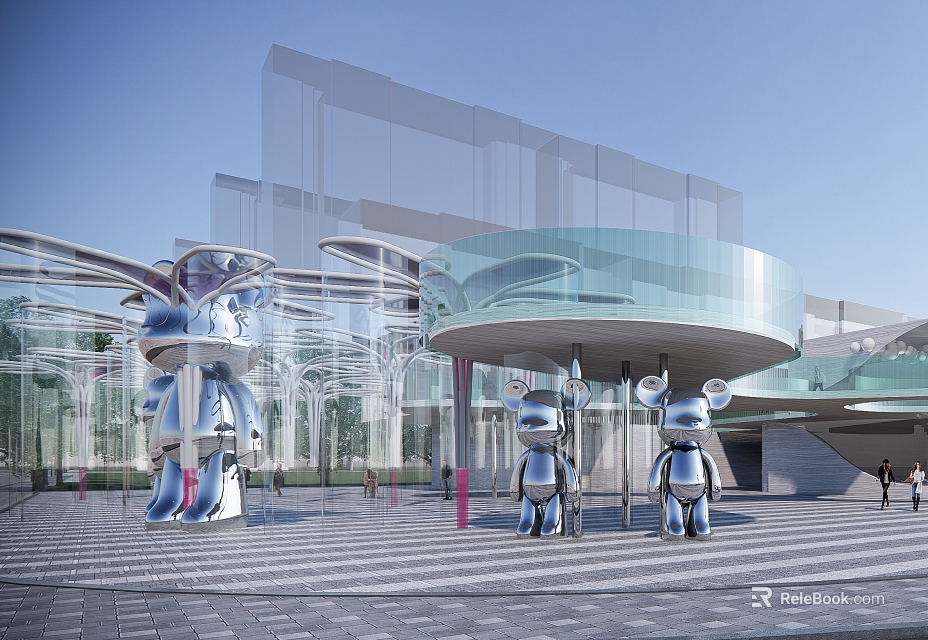 Modern Silver Metallic Sculptures In Outdoor Plaza With Glass Architecture And Paved Ground 3d model 