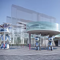 Modern Silver Metallic Sculptures In Outdoor Plaza With Glass Architecture And Paved Ground