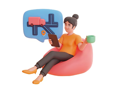 Woman Sitting On Pink Bean Bag Chair Holding Tablet Green Cup And Delivery Truck Map 3d model