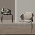Modern Wicker Dining Chairs With Patterned And White Cushions And Metal Frames 3d model
