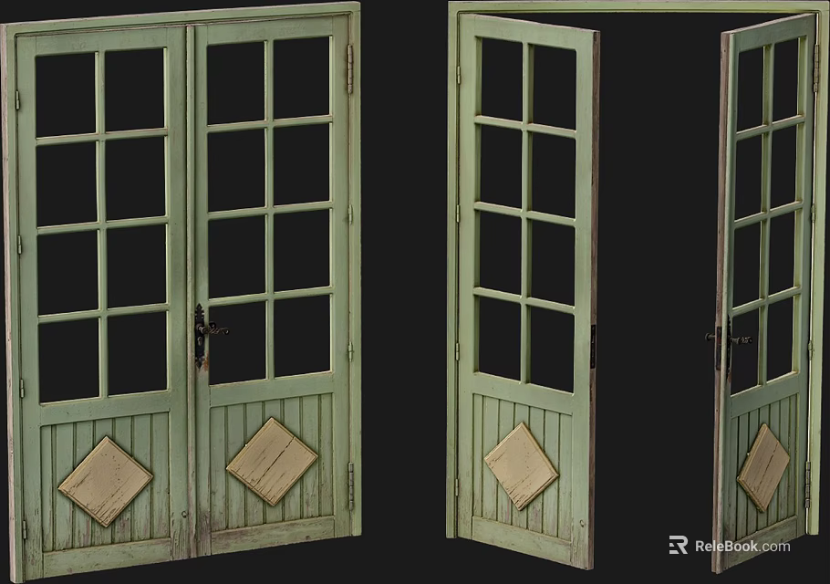 Vintage Green Double Doors With Glass Panes And Diamond Shaped Panels 3d model 