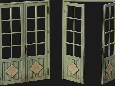 Vintage Green Double Doors With Glass Panes And Diamond Shaped Panels 3d model