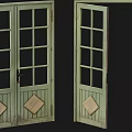 Vintage Green Double Doors With Glass Panes And Diamond Shaped Panels