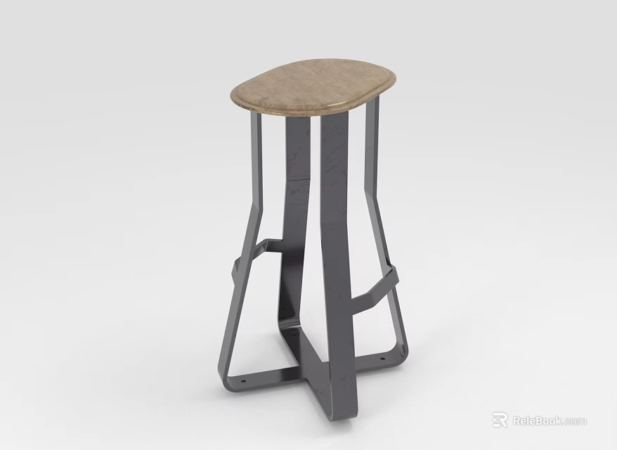 Modern Bar Stool With Light Brown Wooden Seat And Black Metal Frame 3d model 