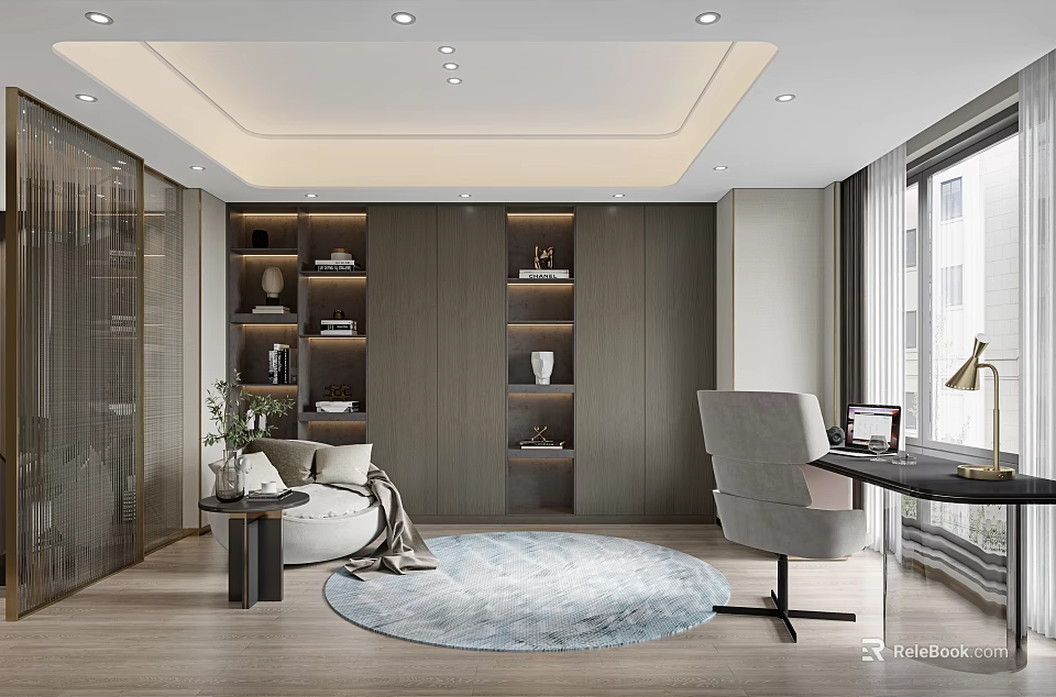 Modern Study Room With Round Sofa Built In Shelves And Desk 3d model 