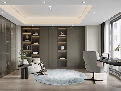 Modern Study Room With Round Sofa Built In Shelves And Desk 3d model