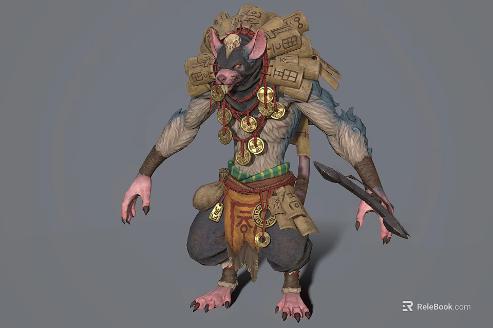 Rat Like Humanoid Character Carrying Scrolls With Gold Coin Decorations And Crouching With Weapon 3d model 