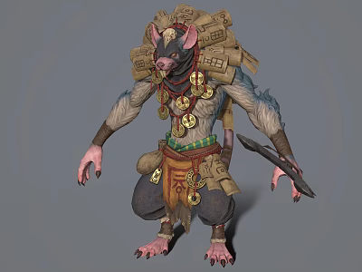 Rat Like Humanoid Character Carrying Scrolls With Gold Coin Decorations And Crouching With Weapon 3d model