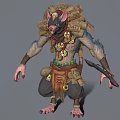 Rat Like Humanoid Character Carrying Scrolls With Gold Coin Decorations And Crouching With Weapon 3d model