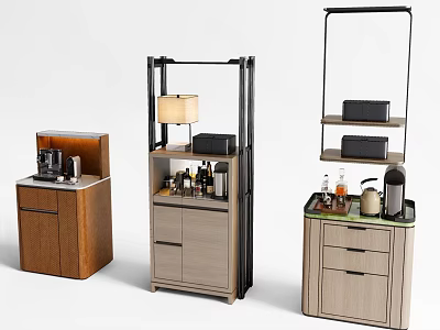 Various Stylish Wooden Sideboards With Storage Shelves Drawers And Decorative Items 3d model