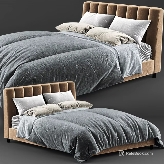 Modern Double Bed with Gray Bedspread Soft Pillows and Brown Upholstered Headboard 3d model 
