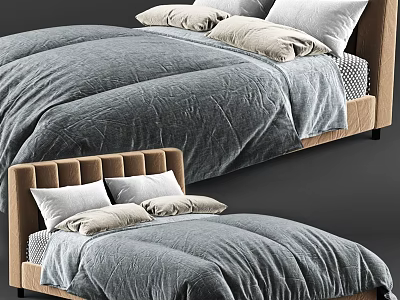 Modern Double Bed with Gray Bedspread Soft Pillows and Brown Upholstered Headboard 3d model