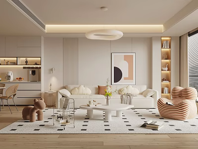 Modern Living and Dining Room Interior With Sofa Coffee Table Artwork And Pendant Light 3d model