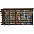 Large Dark Wooden Bookshelf with Many Shelves Filled with Various Colored Books and Small Ladder