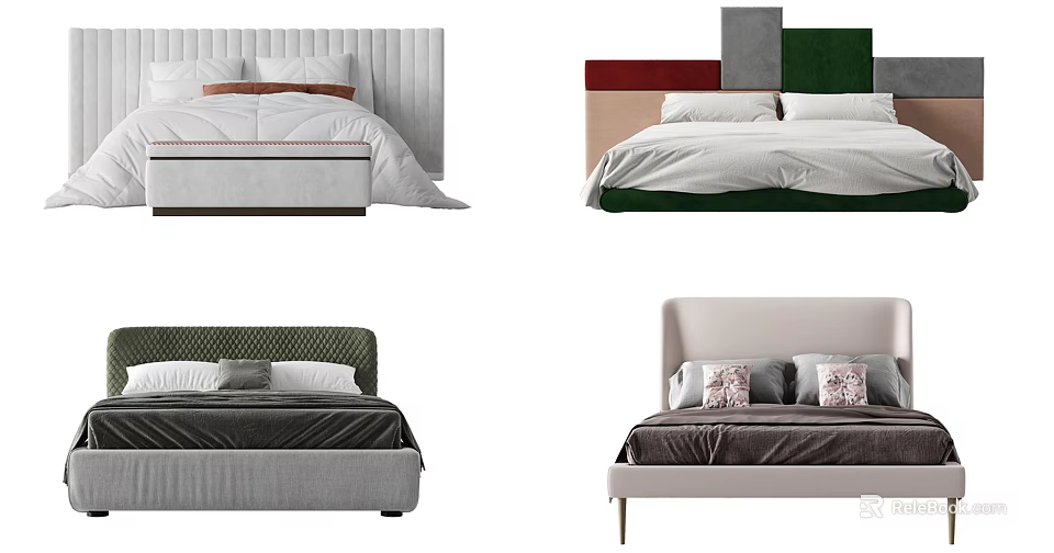 Modern Double Bed Designs With Colorful Headboards And Soft Bedding 3d model