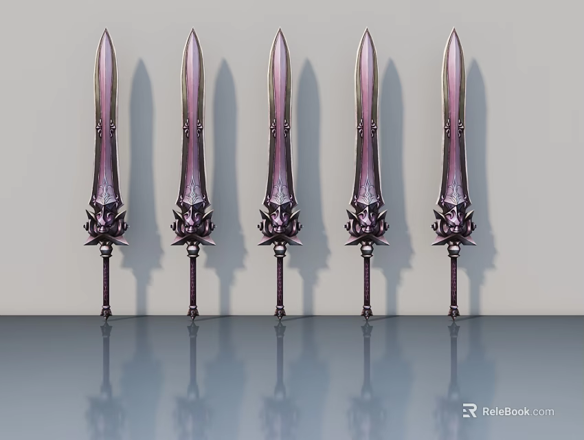 Five Purple Decorative Hinged Doors Arranged With Gray Background And Reflections 3d model 