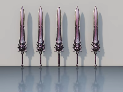 Five Purple Decorative Hinged Doors Arranged With Gray Background And Reflections 3d model